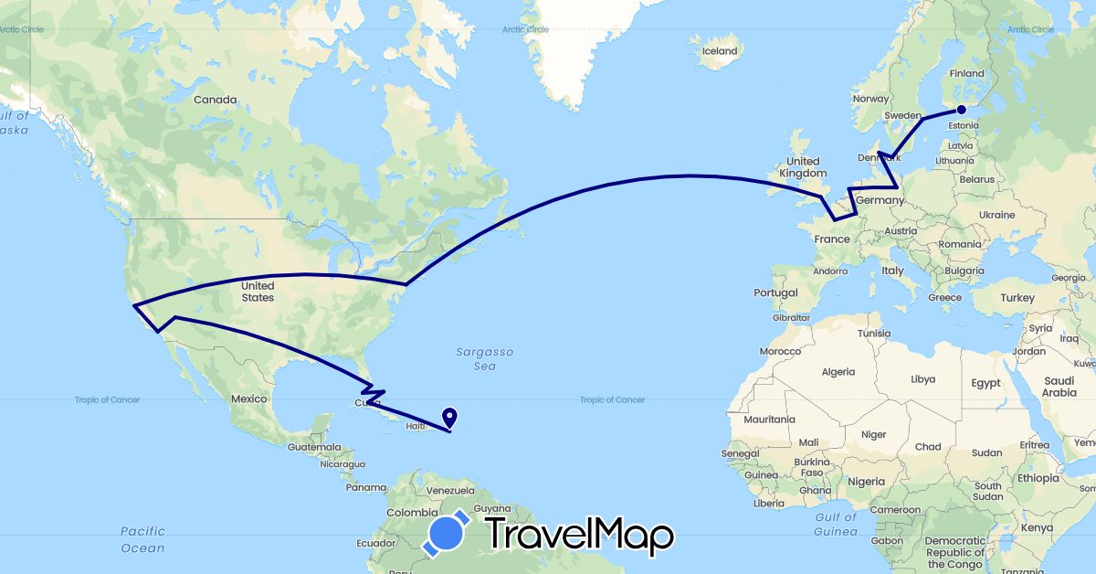 TravelMap itinerary: driving in Bahamas, Cuba, Germany, Denmark, Finland, France, United Kingdom, Luxembourg, Netherlands, Sweden, United States (Europe, North America)